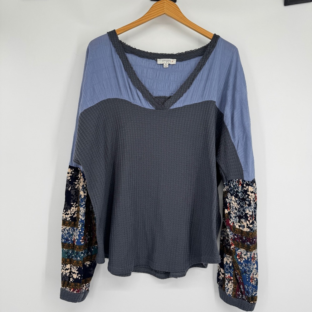 Umgee Shirt Womens 1XL Blue Grey Waffle Knit Floral‎ Patchwork Mixed Media Boho